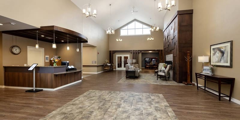Bright and spacious lobby area of a senior living facility