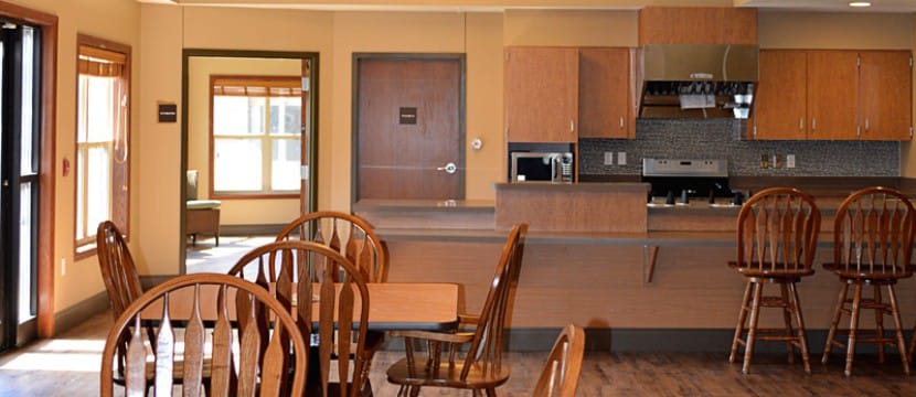 Bright interior of a dining and activity area