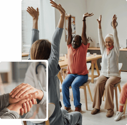 Residents participating in a seated exercise class