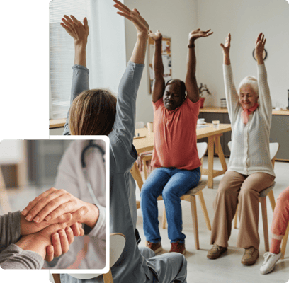 Residents participating in a seated exercise class