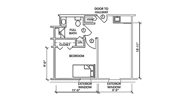 Architectural floor plan of a private bedroom layout