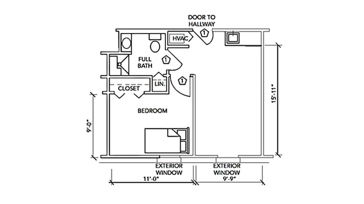 Architectural floor plan of a private bedroom layout