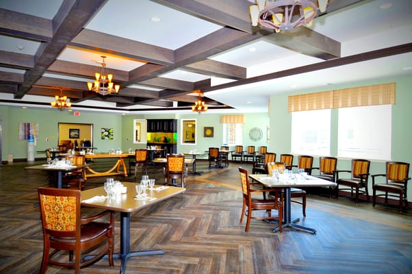 Bright dining area with tables set for meals