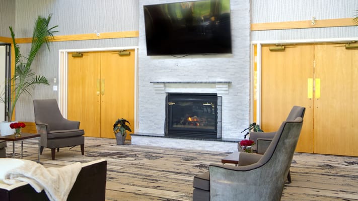 Cozy common area with fireplace and seating