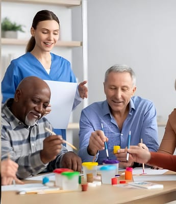 Residents and staff engaged in an art activity