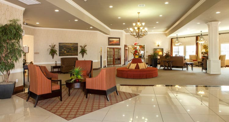 Bright and inviting interior lobby area with seating