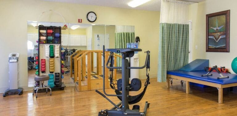 Interior of a rehabilitation gym with exercise equipment