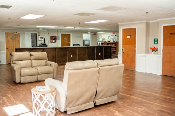 Bright interior common area with seating