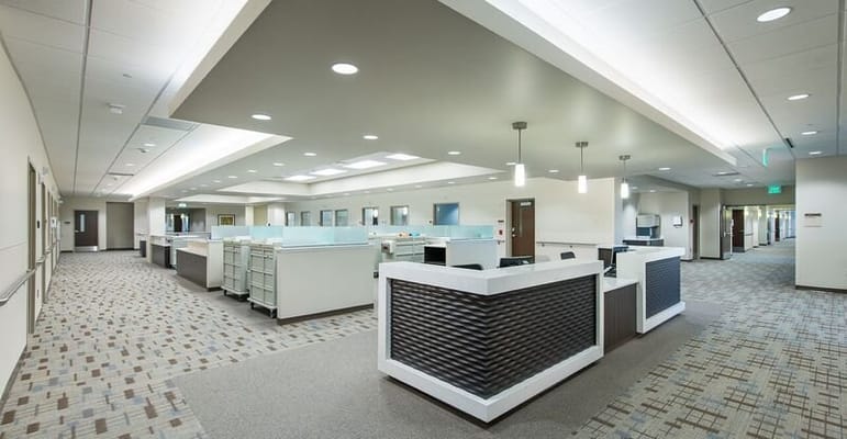Bright and open interior hallway in the facility