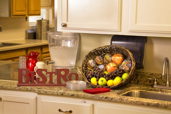 Dining area with fruits and refreshments