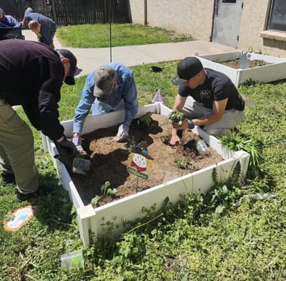Residents planting in a community garden