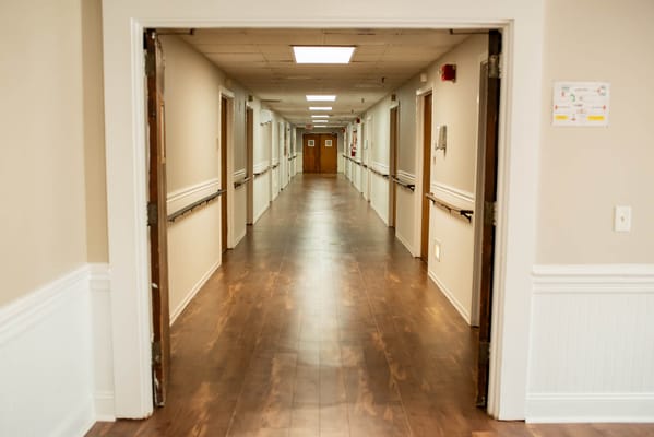 Hallway view in a senior living facility