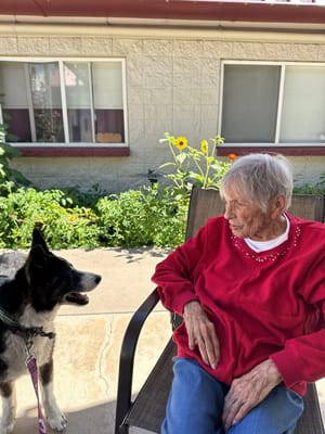Elderly resident enjoying time with a dog in a garden