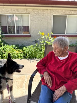 Elderly resident enjoying time with a dog in a garden
