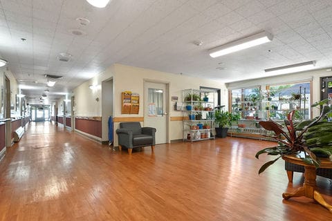 Interior hallway with plants and seating area