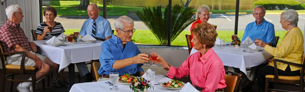 Residents toasting over a meal in a dining area