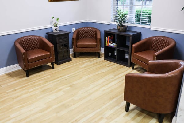 Cozy common area with armchairs and bookshelves