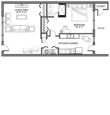 Architectural floor plan of a one-bedroom unit