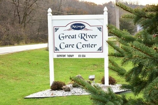 Sign for Great River Care Center on an outdoor lawn