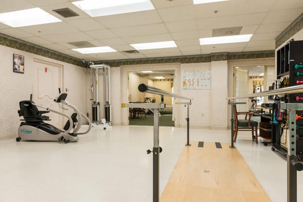 Physical therapy room with exercise equipment