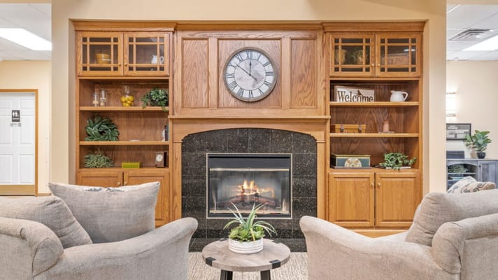 Cozy common area with fireplace and seating