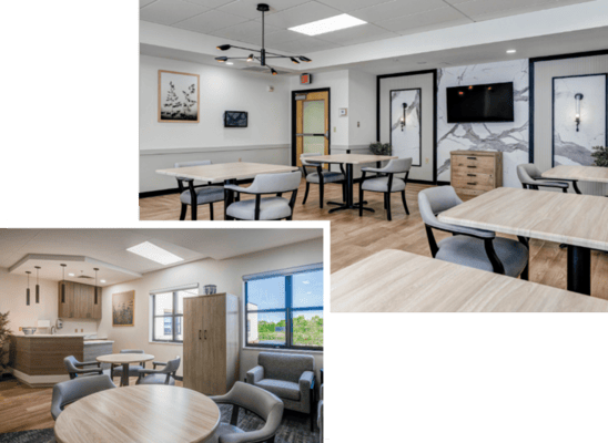 Bright common area with tables and seating