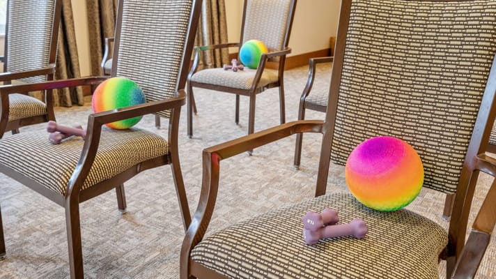 Colorful exercise balls and weights in an activity room