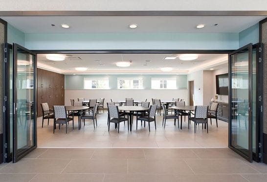 Bright dining room with neatly arranged tables