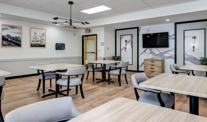Bright communal dining area with modern furniture