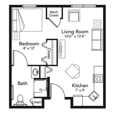 Architectural floor plan of a resident unit layout
