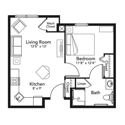 Architectural floor plan of a one-bedroom unit
