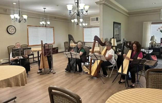Residents playing harps in a activity room