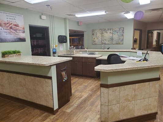 Bright reception area in a nursing home facility