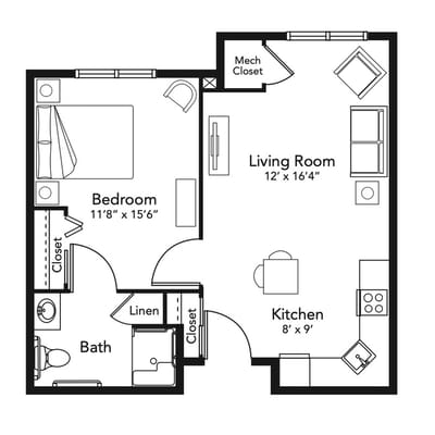 Architectural floor plan of a living unit layout