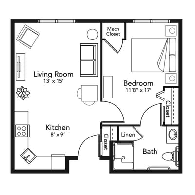 Architectural floor plan of a one-bedroom unit