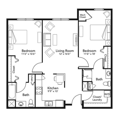 Architectural floor plan of a two-bedroom layout