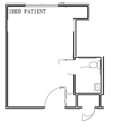 Architectural floor plan for a two-bed patient room