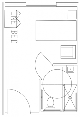 Architectural floor plan of a one-bedroom unit