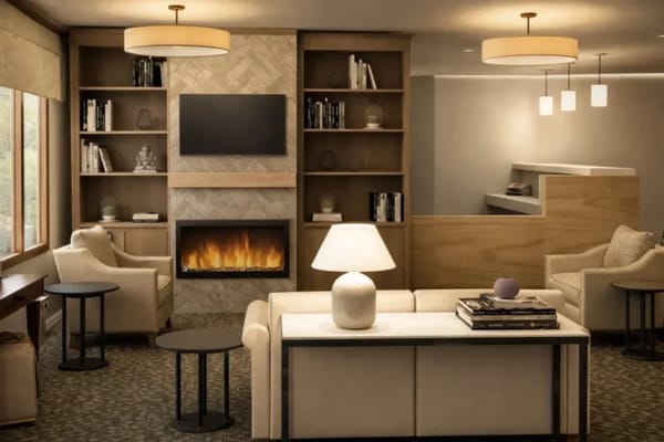 Warm and inviting common area with seating and bookshelves