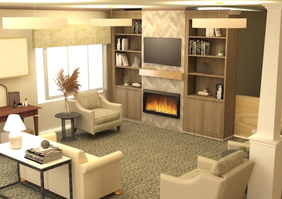 Cozy common area with seating and a fireplace