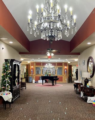 Elegant lobby with chandelier and decorations
