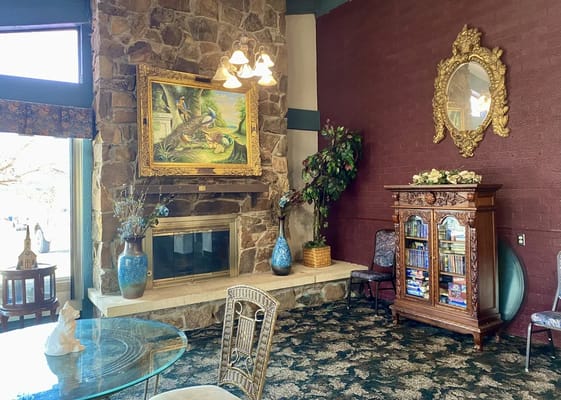 Cozy lounge area with fireplace and bookshelves