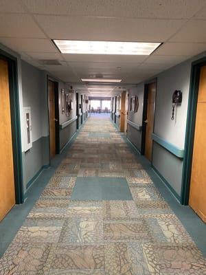 Bright hallway in a senior care facility