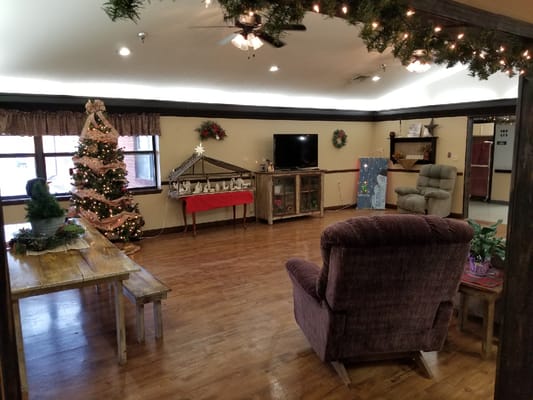 Interior common area decorated for the holidays