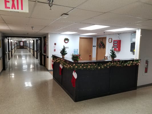 Interior hallway decorated for the holidays