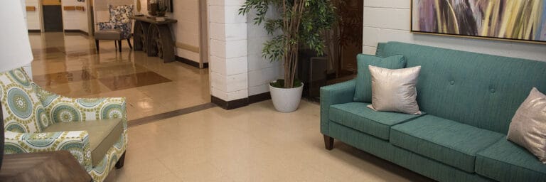 Bright interior common area with seating