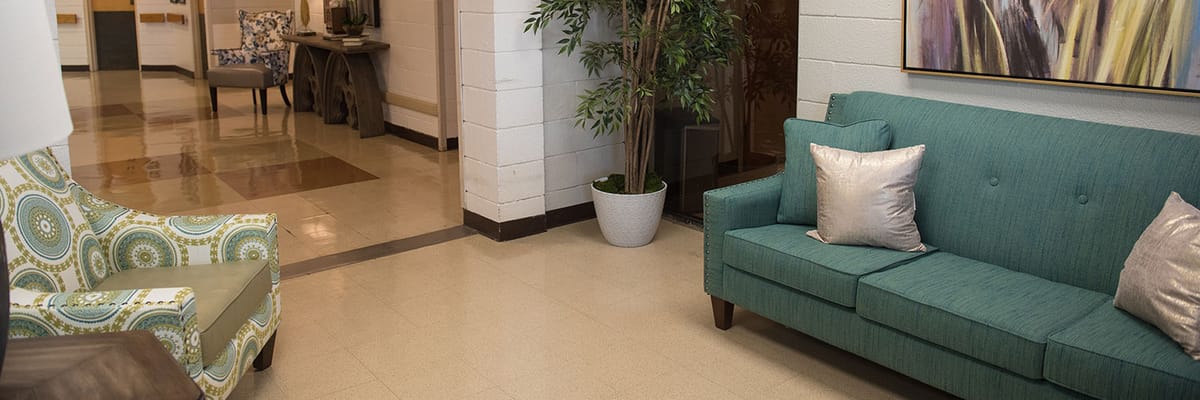 Bright interior common area with seating