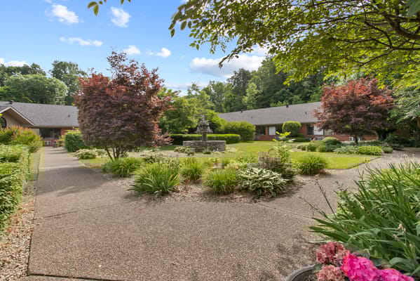 Beautiful courtyard garden area with greenery and flowers