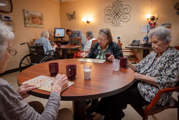 Residents enjoying a game in an activity room