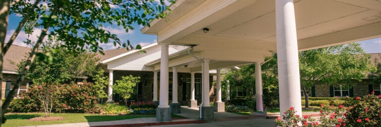 Exterior view of a senior living facility entrance